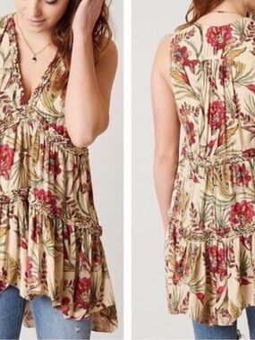 FREE PEOPLE Floral Hummingbird Haze Tiered Ruffle V-Neck Tunic Tank Swing Top XS